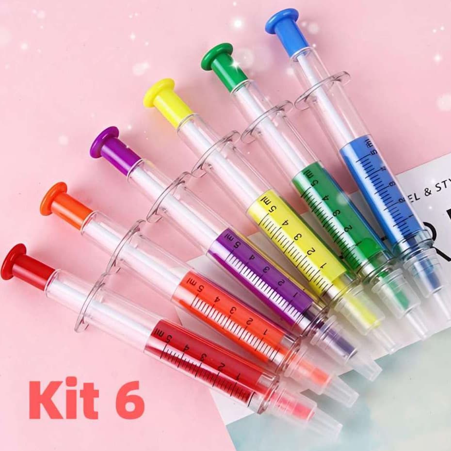 Kit 6 Canetas Marca Texto + Esferográfica Azul 2 em 1 Formato Seringa Criativa