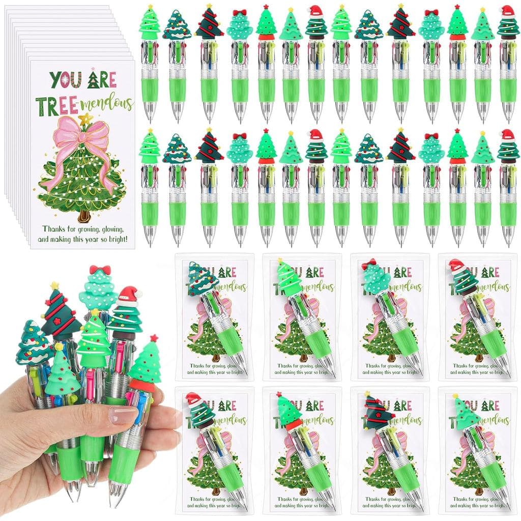 28 Conjuntos de Canetas de Natal em Lote com Cartões, Caneta Esferográfica Multicolorida 4 em 1 com Tema de Árvore de Na