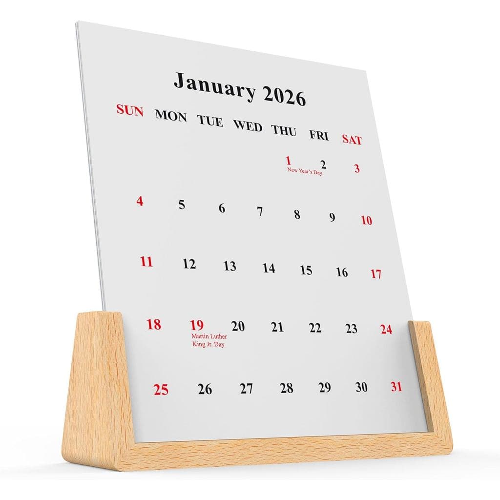 Calendário Decorativo de Mesa 2025-2026 com Suporte de Madeira de Nogueira, Papel Cartão Espesso, Cartões Substituíveis,