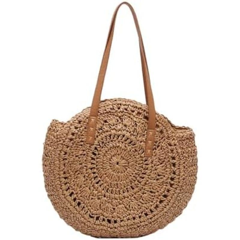TENDYCOCO Bolsa De Praia Redonda De Palha , Feita À Mão , Círculo , Rattan , Leve , Verão , Férias , Viagem , Boêmia , C