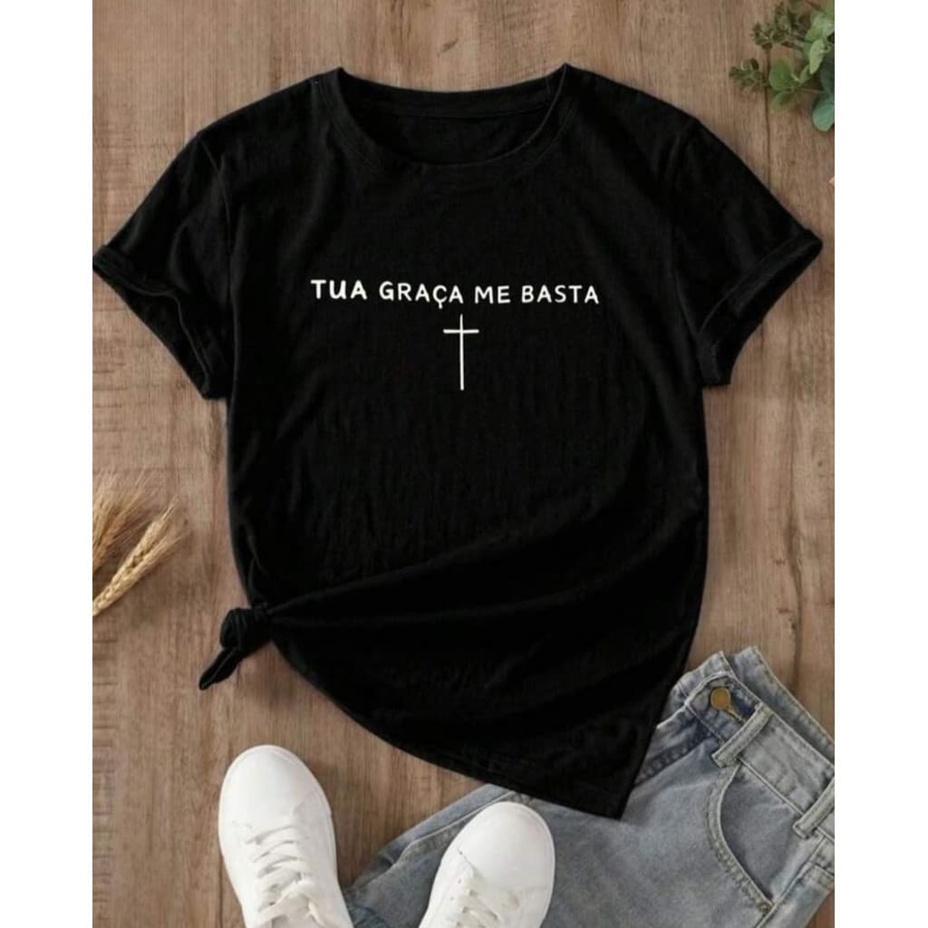T-shirt Tua Graça Me Basta Estilosa Cristá Evangélica Religiosa Camiseta Feminina