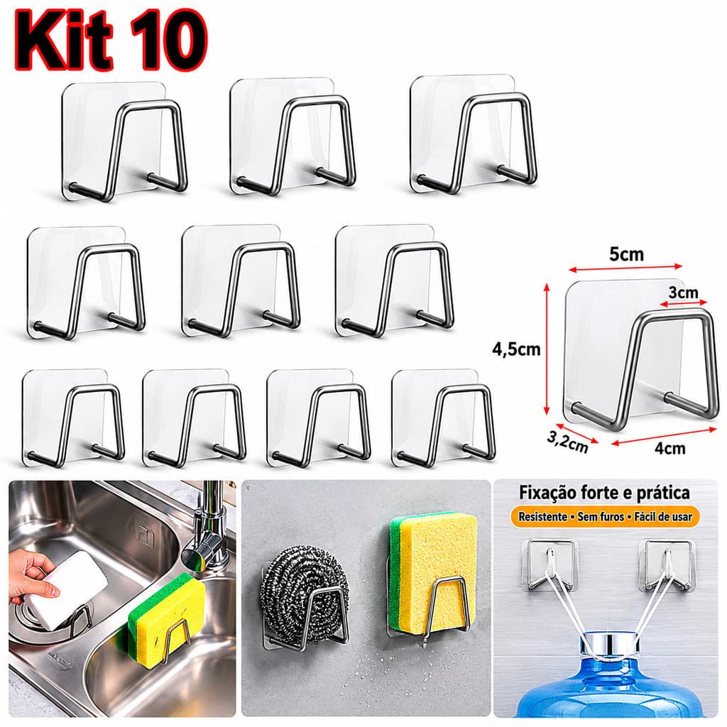 Kit 10 Suportes Premium para Esponja de Pia em Inox – Organização Moderna/ Anti-Ferrugem e Secagem Rápida