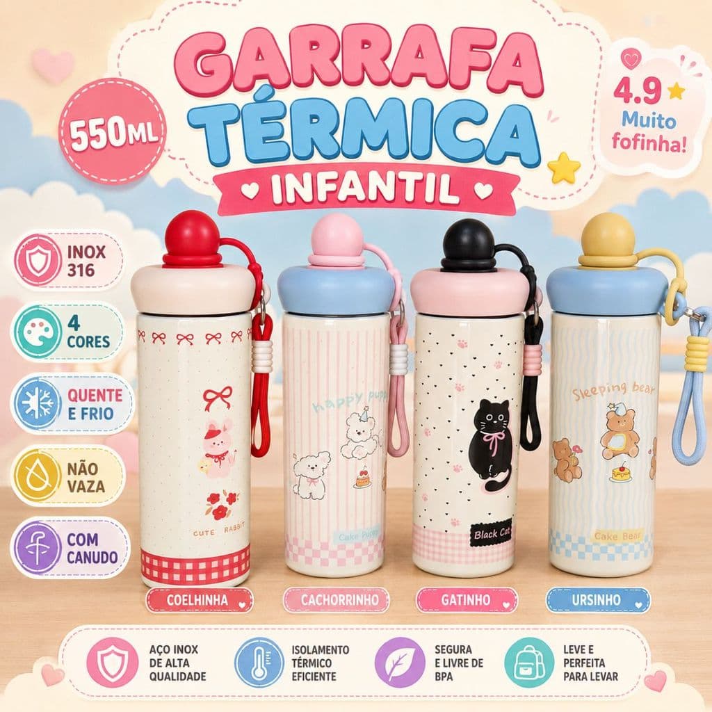Garrafa Térmica 550ml Infantil Inox Premium Portátil Com Canudo Tampa Rosqueável Bebida Quente Fria Escola Criança