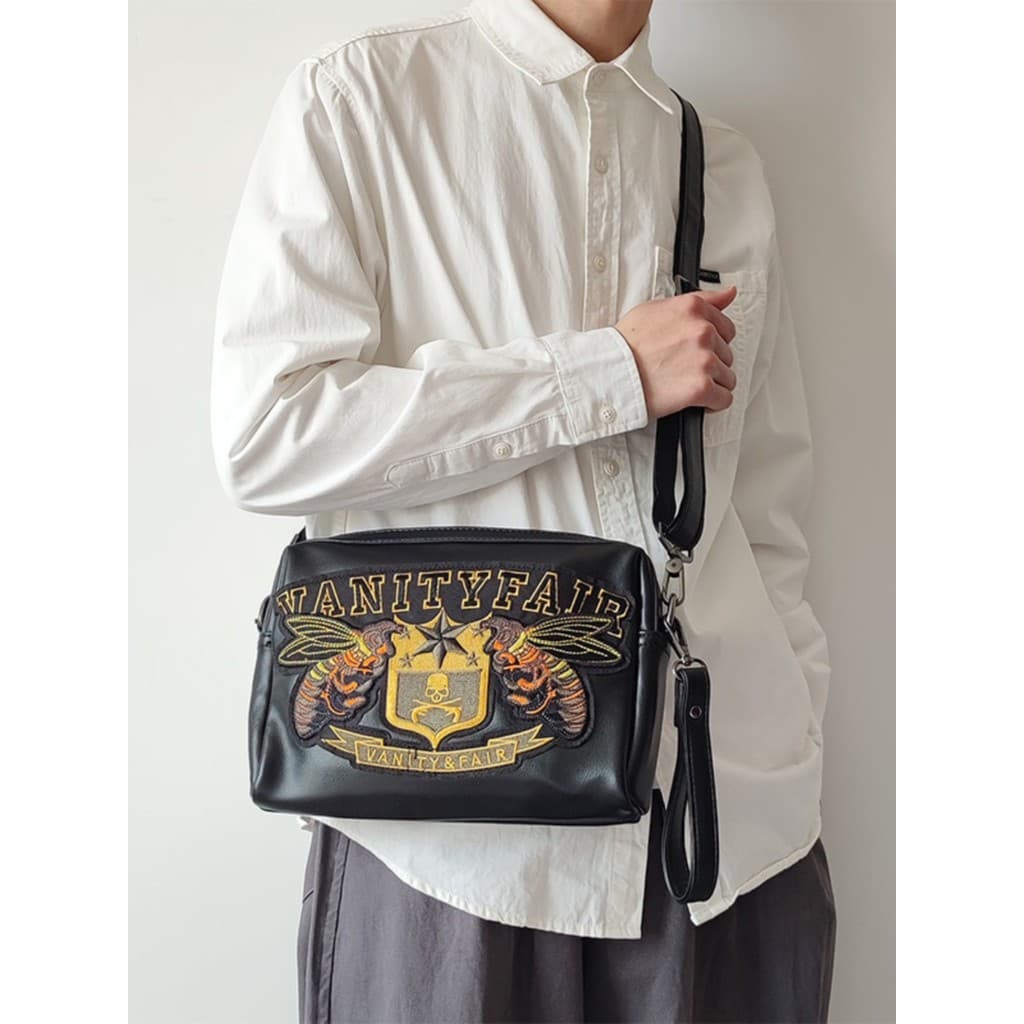 Nicho bordado bolsa de couro masculina única na moda saco do mensageiro rua europeu americano embreagem Casual Hip-Hop b