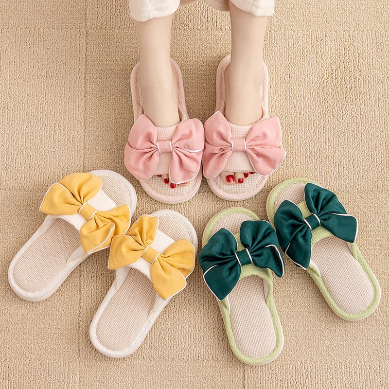 Chinelos de linho com laço feminino 2024 novo estilo sandálias internas chinelos europeu americano contraste cor simples