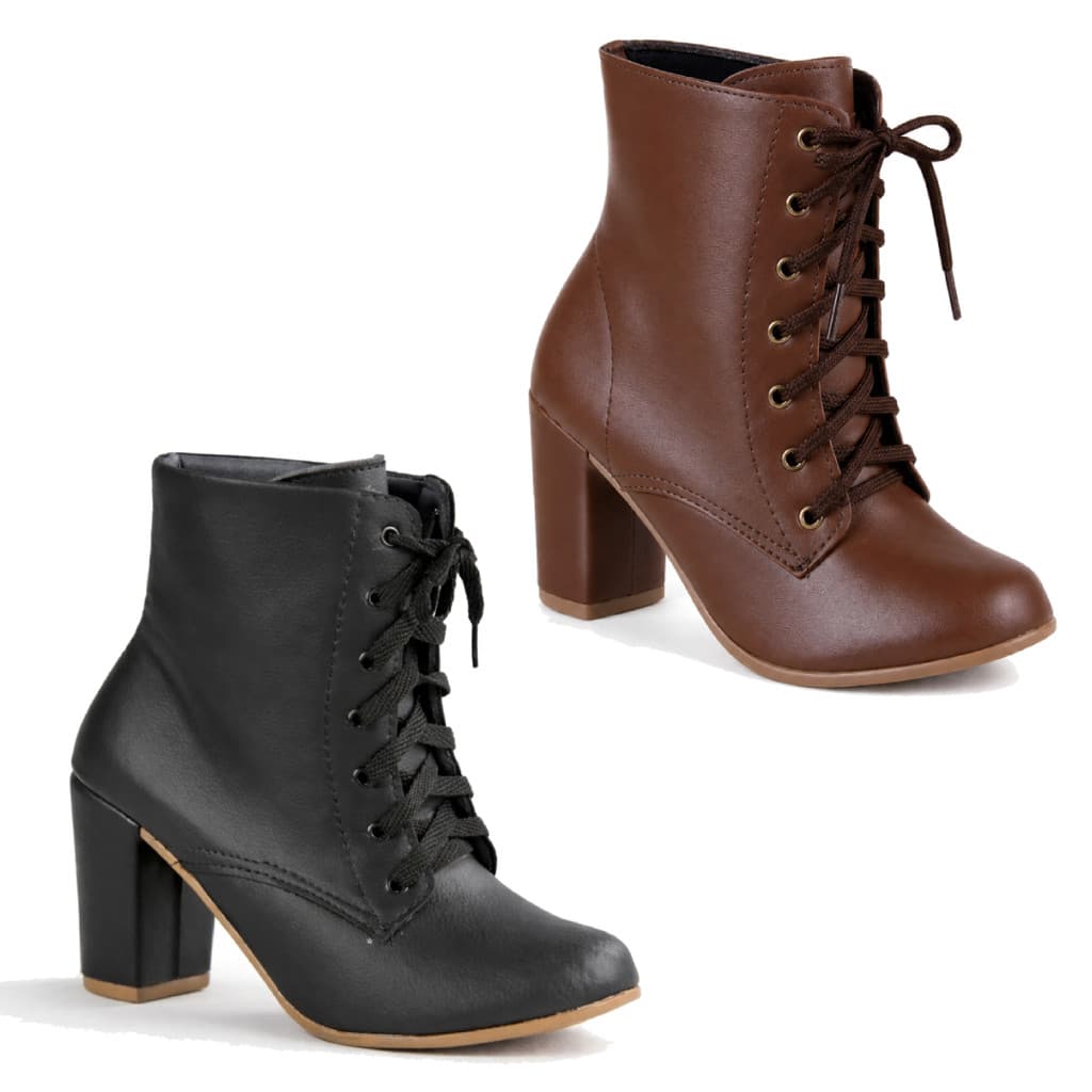 Kit 2 Botas Coturno Feminino Salto Alto Moda Blogueira Elegante Confortável E Macia Preto E Café