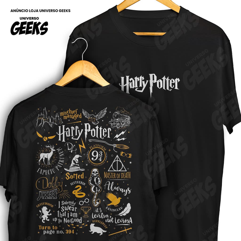 Camiseta Frente E Verso Harry Potter Dobby Plataforma 9 3/4 Reliquias Da Morte Camisa De Filme 100% Algodão