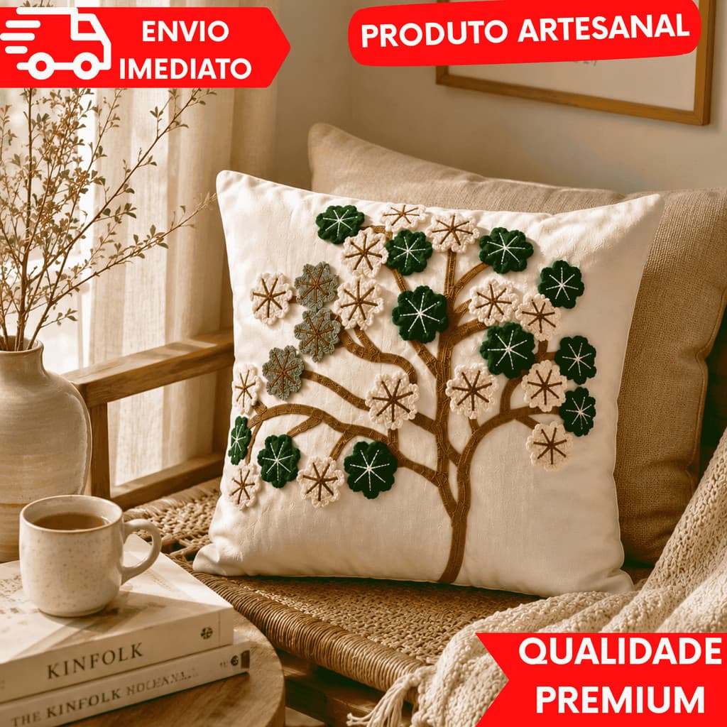 CAPA DE ALMOFADA DECORATIVA ESTILO NATUREZA BORDADA EM ALTO RELEVO