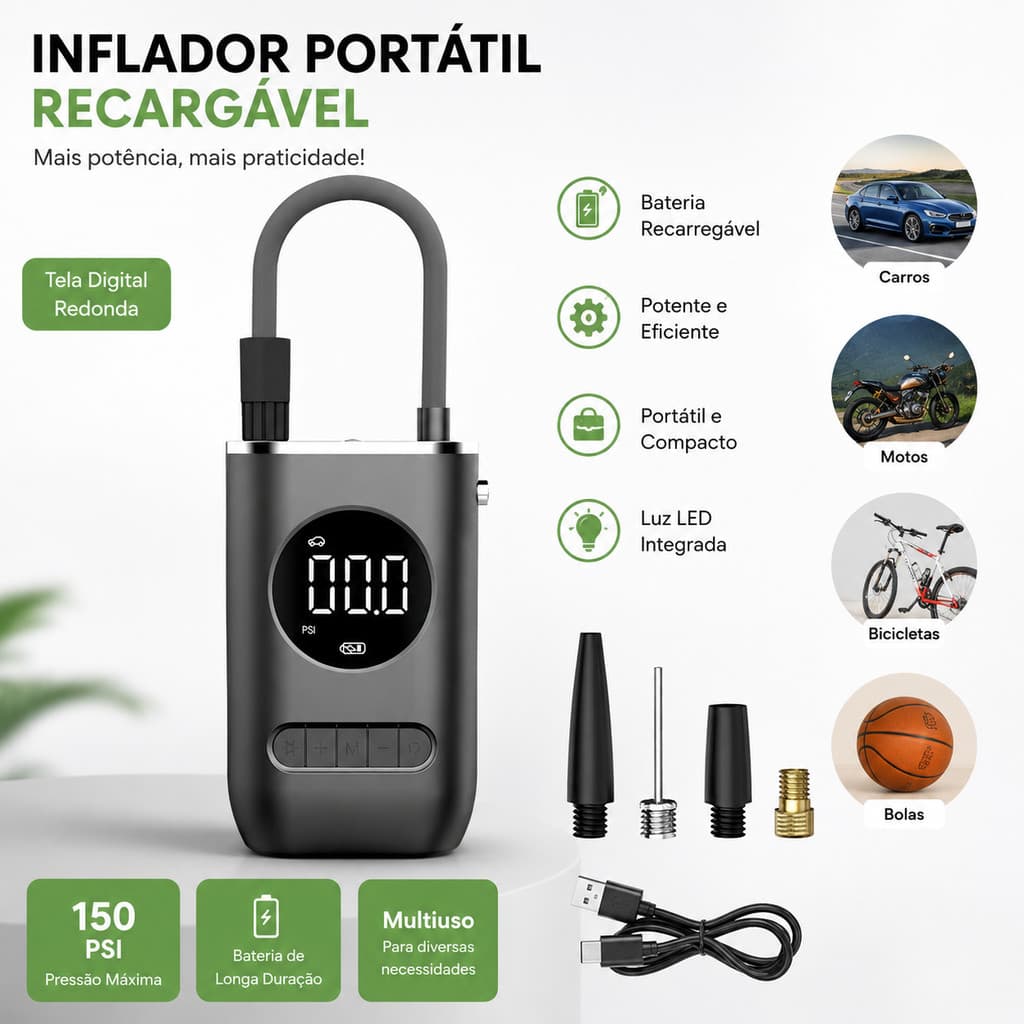 Mini Compressor de Ar Portátil Sem Fio Digital 2000mAh para Carro Moto e Bicicleta