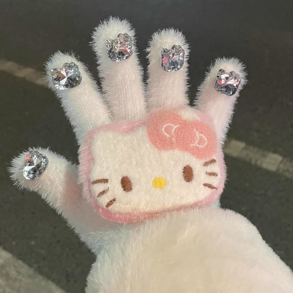 HelloKitty ~ Luvas de pelúcia fofas outono inverno piscando diamante cinco dedos divididos dedo equitação engrossado que