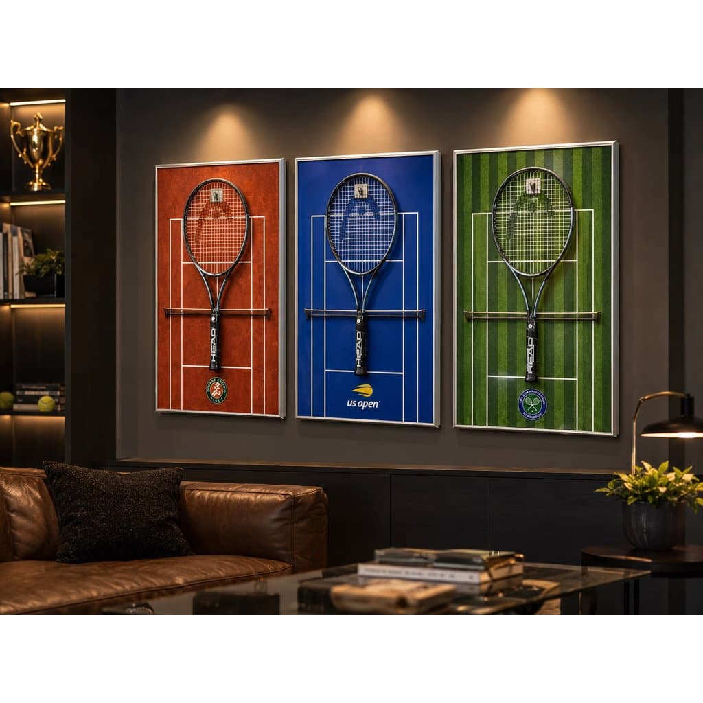 Quadro Porta Raquete de Tênis Decorativo Premium | Suporte de Parede Wimbledon US Open Roland Garros
