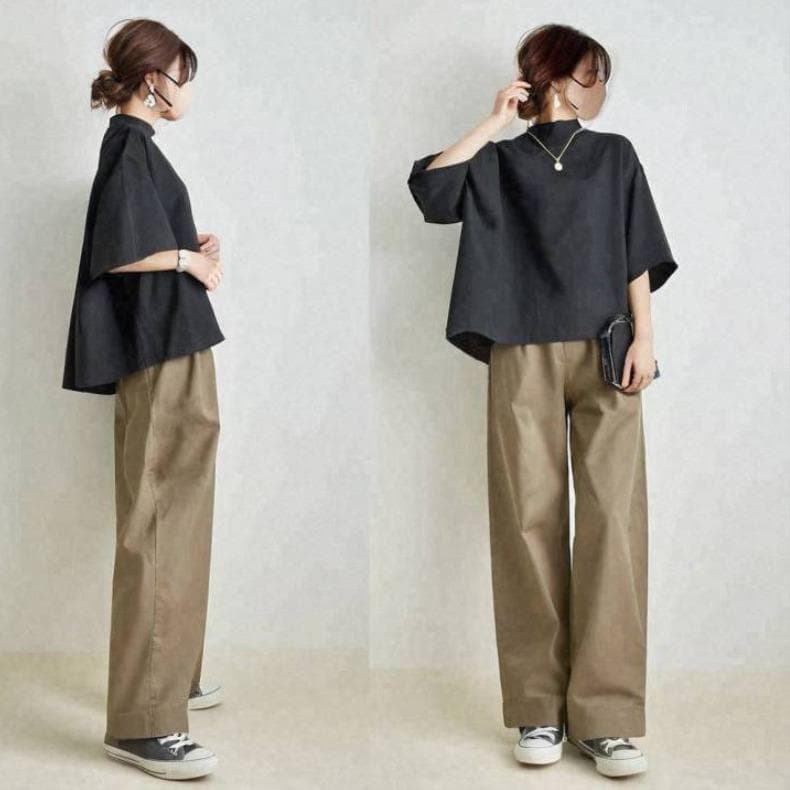 Comércio exterior transfronteiriço estilo japonês solto preto manga média gola alta + calças compridas de perna larga do