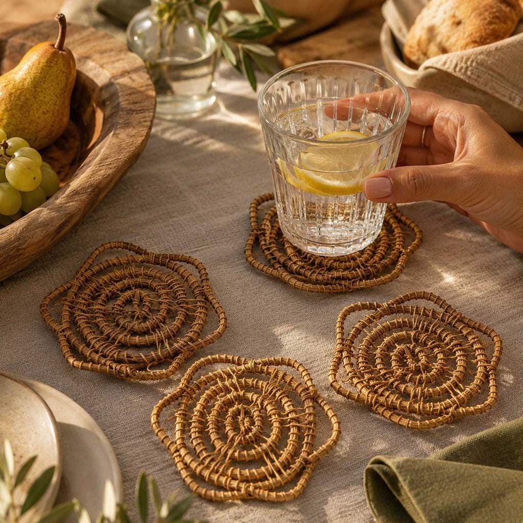 Porta-Copo Fibra Natural Trançada - Jogo com 4 Peças