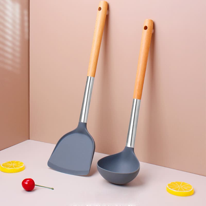 Espátula de silicone com cabo de madeira, espátula para fritar, colher de sopa, utensílios de cozinha, espátula de silic