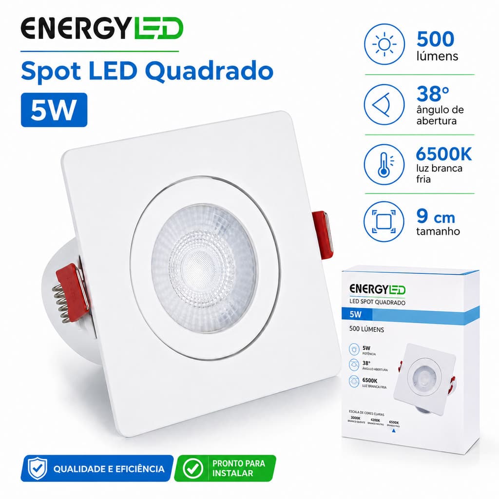 Spot LED Quadrado EnergyLED 5W 500 Lúmens 6500K Luz Quente 38° 9cm