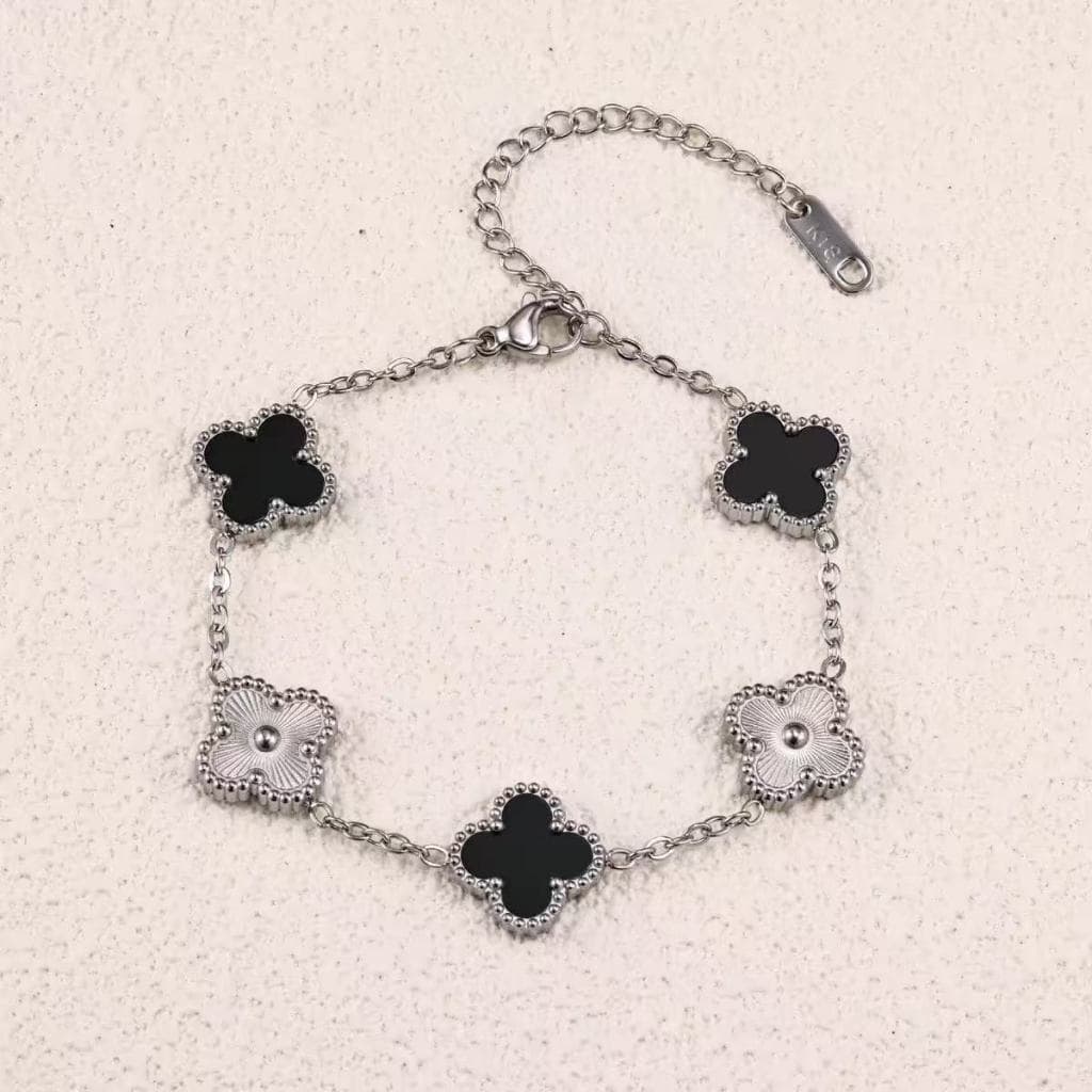 Pulseira Trevo 4 Folhas Onix e Zircônia Feminina Aço Ino Anti-alérgica Presente Especial Não Desbota