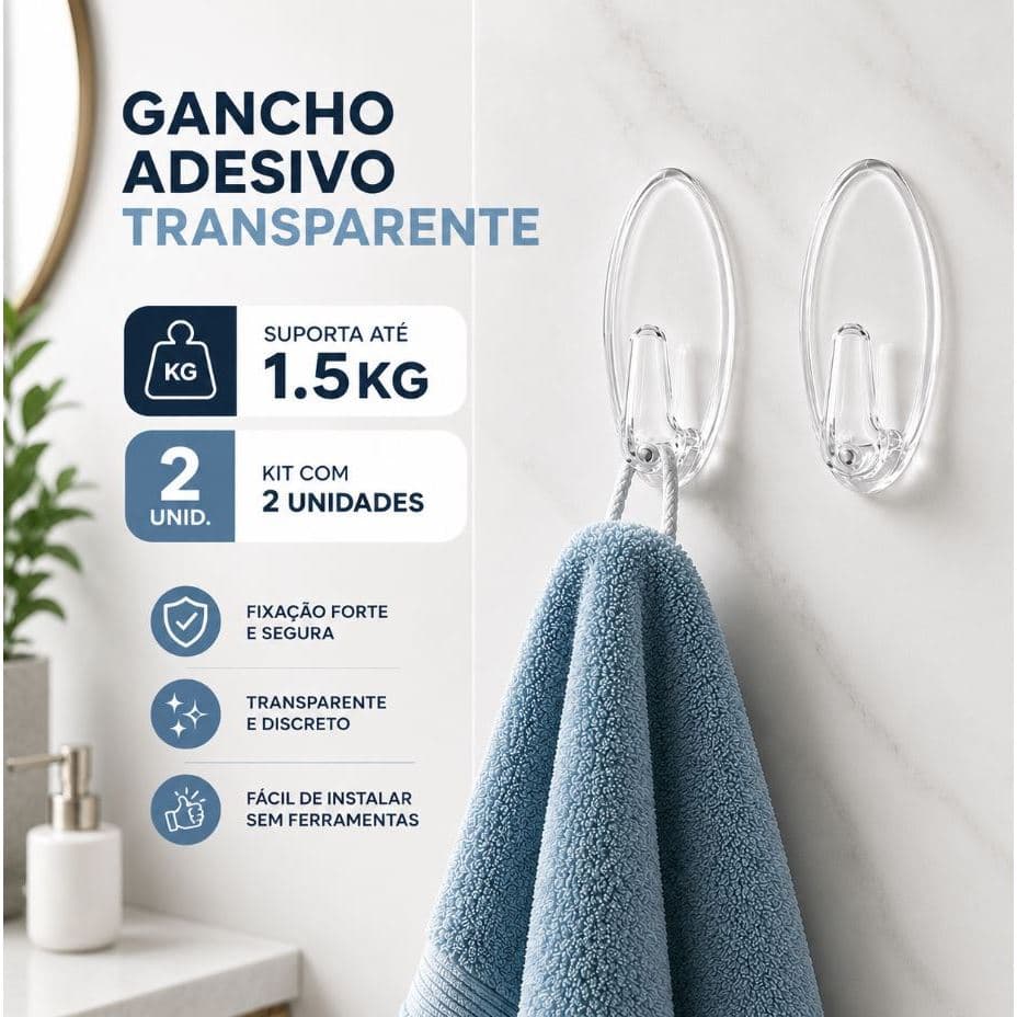 Kit 2 Ganchos Adesivos de Parede Transparentes Oval 1,5kg