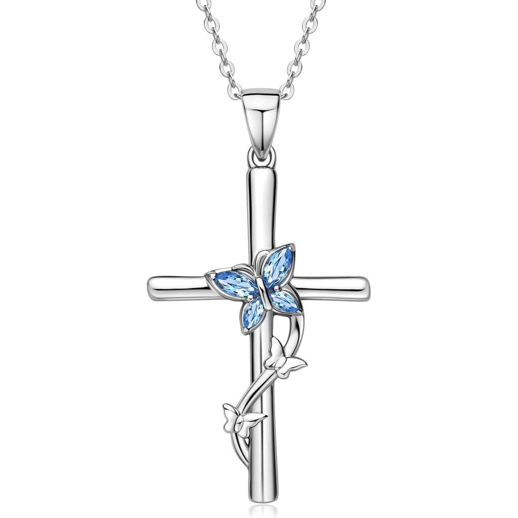 Colar de Cruz YUNKAI para Mulheres: Pingente de Prata Esterlina com Opala/Zircônia Cúbica Azul, Colar de Cruz Delicado,