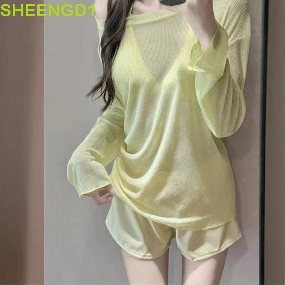 SHEENGD1 Conjunto De Roupa De Banho Feminina , Maiô De Manga Comprida Com Cadarço , Biquíni Solto De 4 Peças