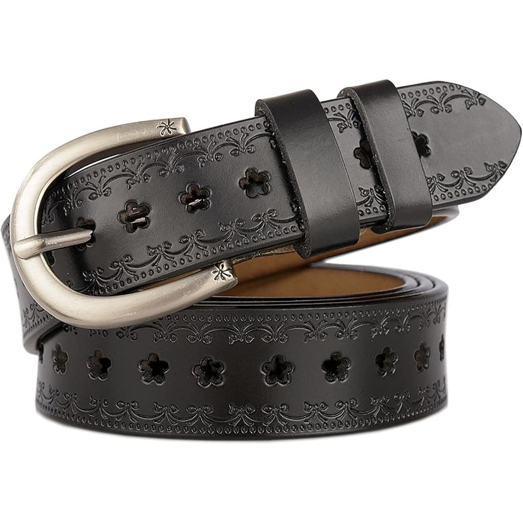 Cinto de Couro Feminino para Calças Jeans, Ajustável, Estilo Casual, Cinto com Detalhes em Flor para Senhoras e Meninas