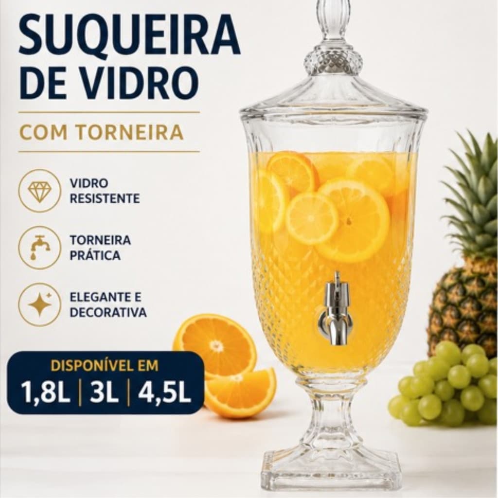 SUQUEIRA DE VIDRO CRISTAL PREMIMU COM TORNEIRA 1,8L, 3L E 4,5L TAMPA E BASE PARA FESTAS