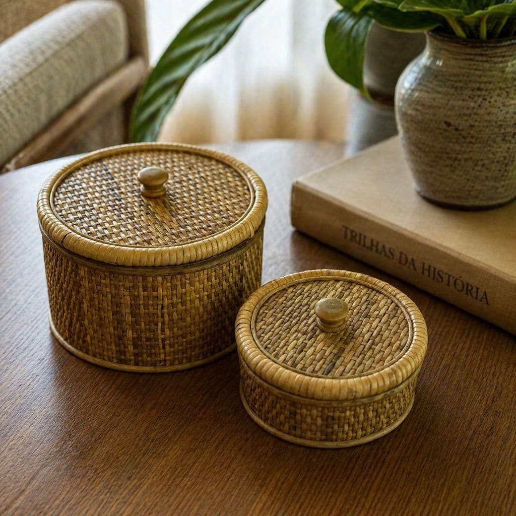 Kit 2 Caixas Decorativas Organizadoras Fibra Natural Rattan Porta Objetos Joias Chaves