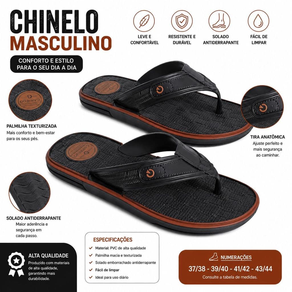 Chinelo de Dedo Adulto  Cartago Casual Confortável Leve e Antiderrapante Masculino