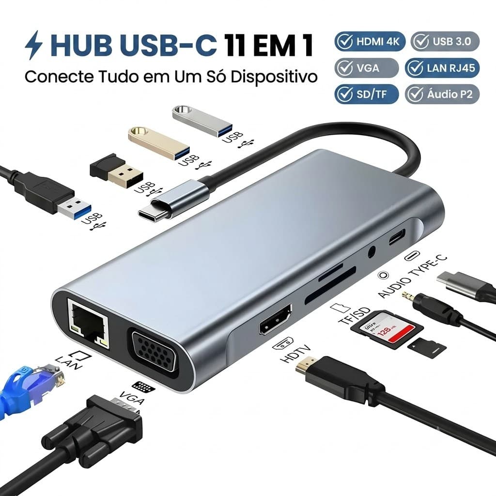 Hub USB-C 11 em 1 HDMI 4K VGA RJ45 USB 3.0 SD/TF Áudio OTG Plug Play
