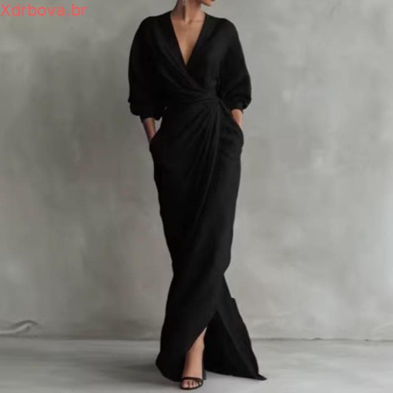 Vestido Maxi Casual Estilo Boêmio Com Fenda De Cor Sólida , Elegante , Decote Em V , Bolso , Cintura Alta , De Festa Dra