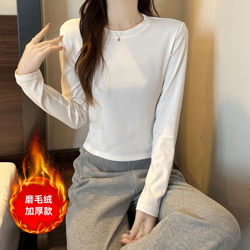 Forro de lã engrossado camisa de fundo feminino Modal interior de manga comprida camiseta curta de cintura alta estilo m