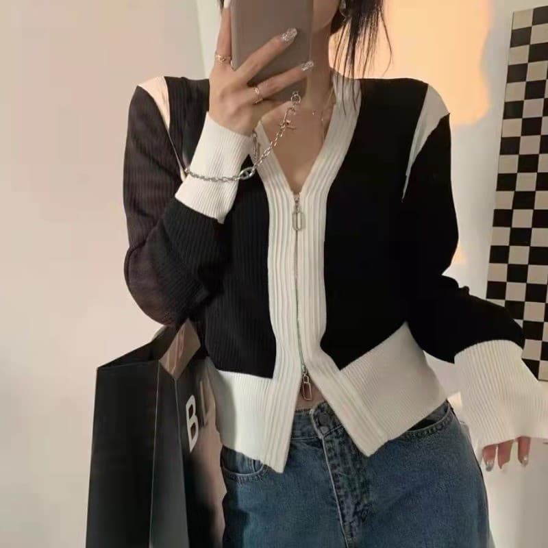 Ins estilo influenciador mesmo estilo contraste cor costura duplo zíper camisola Plus Size irmã gorda outono Cardigan ca