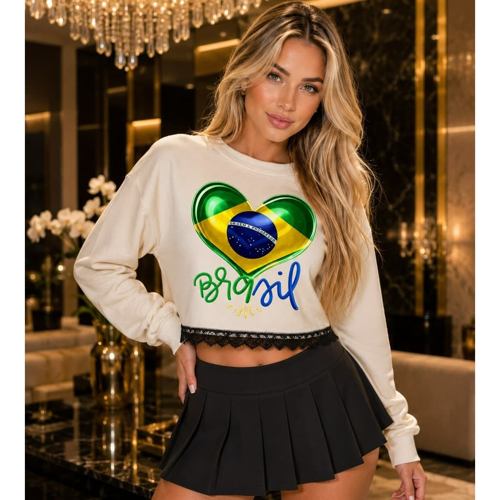 Cropped Moletom feminino Manga longa Flanelado Copa Brasil Grosso Rendado