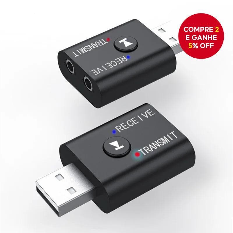 Receptor e Transmissor de Áudio Bluetooth 5.0 com Adaptador Sem Fio para Carro com Entrada AUX RCA e USB 3,5 mm