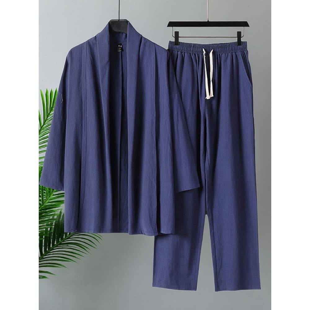 Terno de linho masculino de tamanho grande Casual solto estilo taoísta Hanfu Tai Chi algodão linho Cardigan capa externa