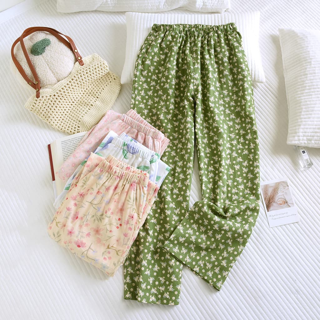 Senhoras calças de pijama puro algodão solto verão algodão pijamas ar condicionado quarto calças casuais leve primavera