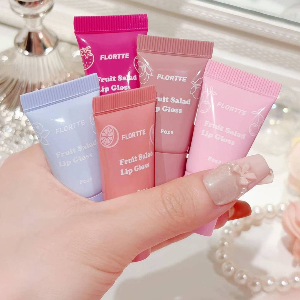 [Novos produtos primavera verão] FLORTTE/Flor Lolia Fruit Salad Series Tubo Lip Gloss Lip Gloss Espelho Batom