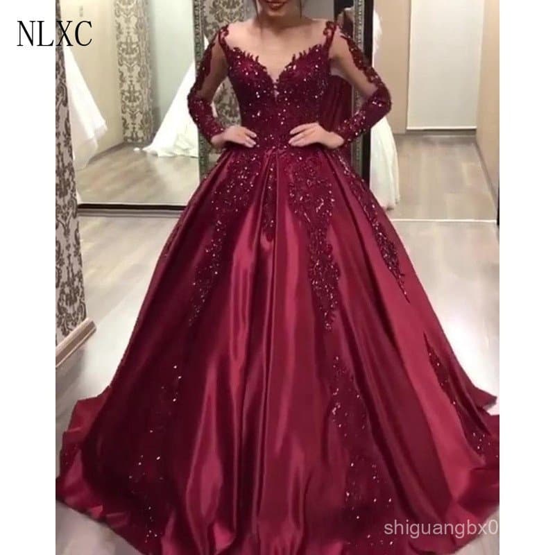 Vestido Longo Elegante Feminino com Lantejoulas e Renda, Decote em V, Manga Longa, para Noivas e Madrinhas, Vestido PPU8