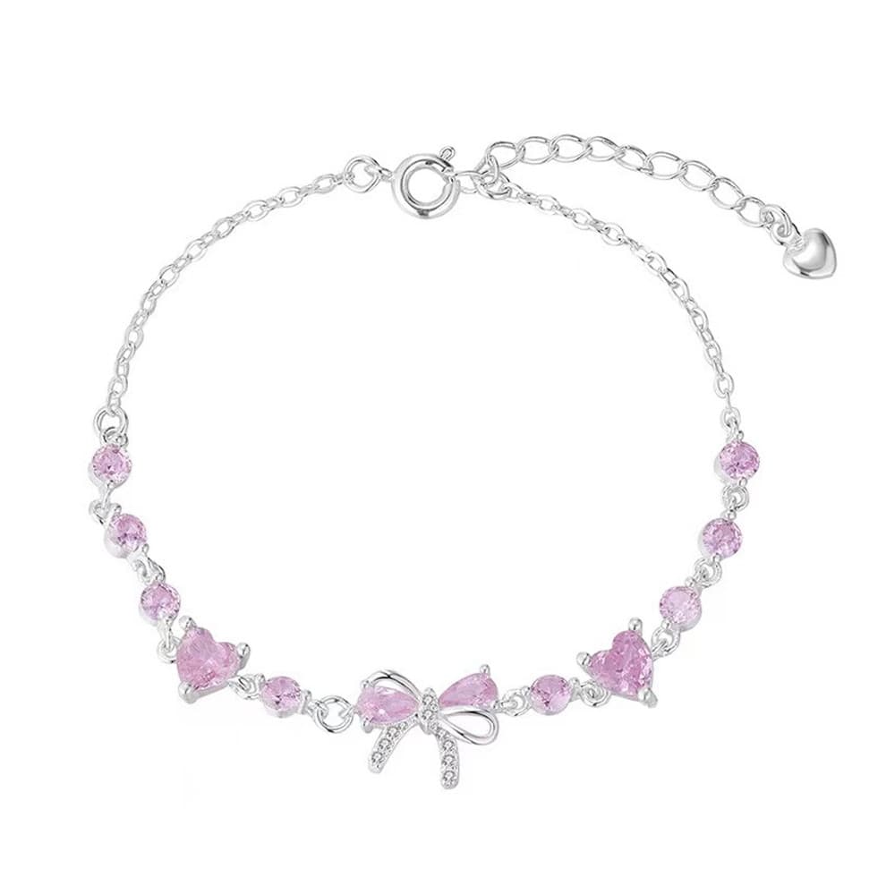 Pulseira elegante e brilhante de prata para mulheres, com laço e pingentes em formato de coração, um presente ideal para