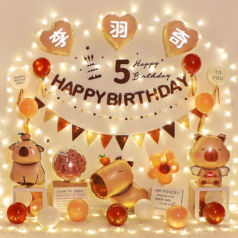 Crianças bebê Kapibara feliz aniversário meninos meninas 5 anos de idade 3 balões atmosfera cena decorações decoração 46