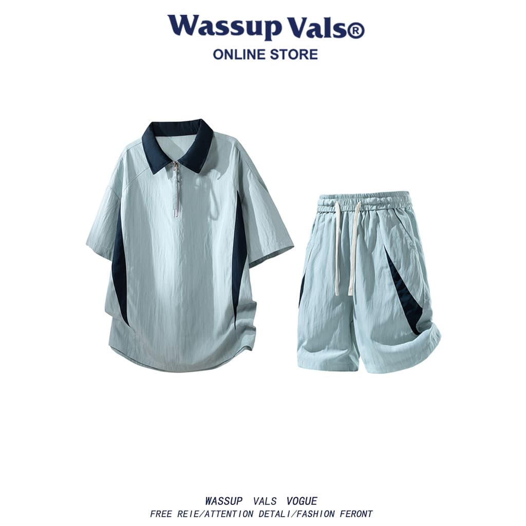 WASSUP VALS Street Wear Masculino Meio Zíper Costura Terno de Manga Curta Verão Novo Estilo Tamanho Grande Casual Terno
