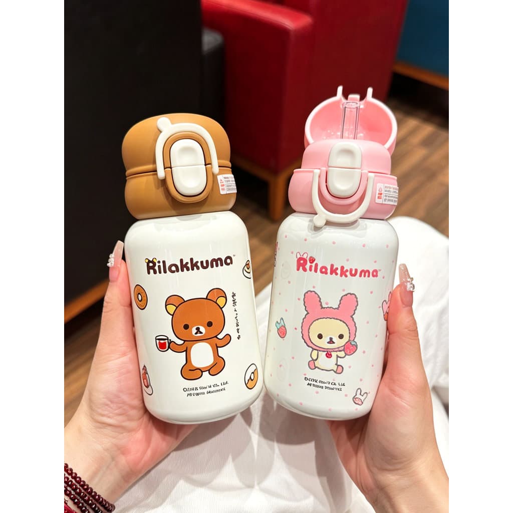 Bonito Rilakkuma copo de água crianças escola copo de palha especial estudante 316L aço inoxidável duplo beber copo térm