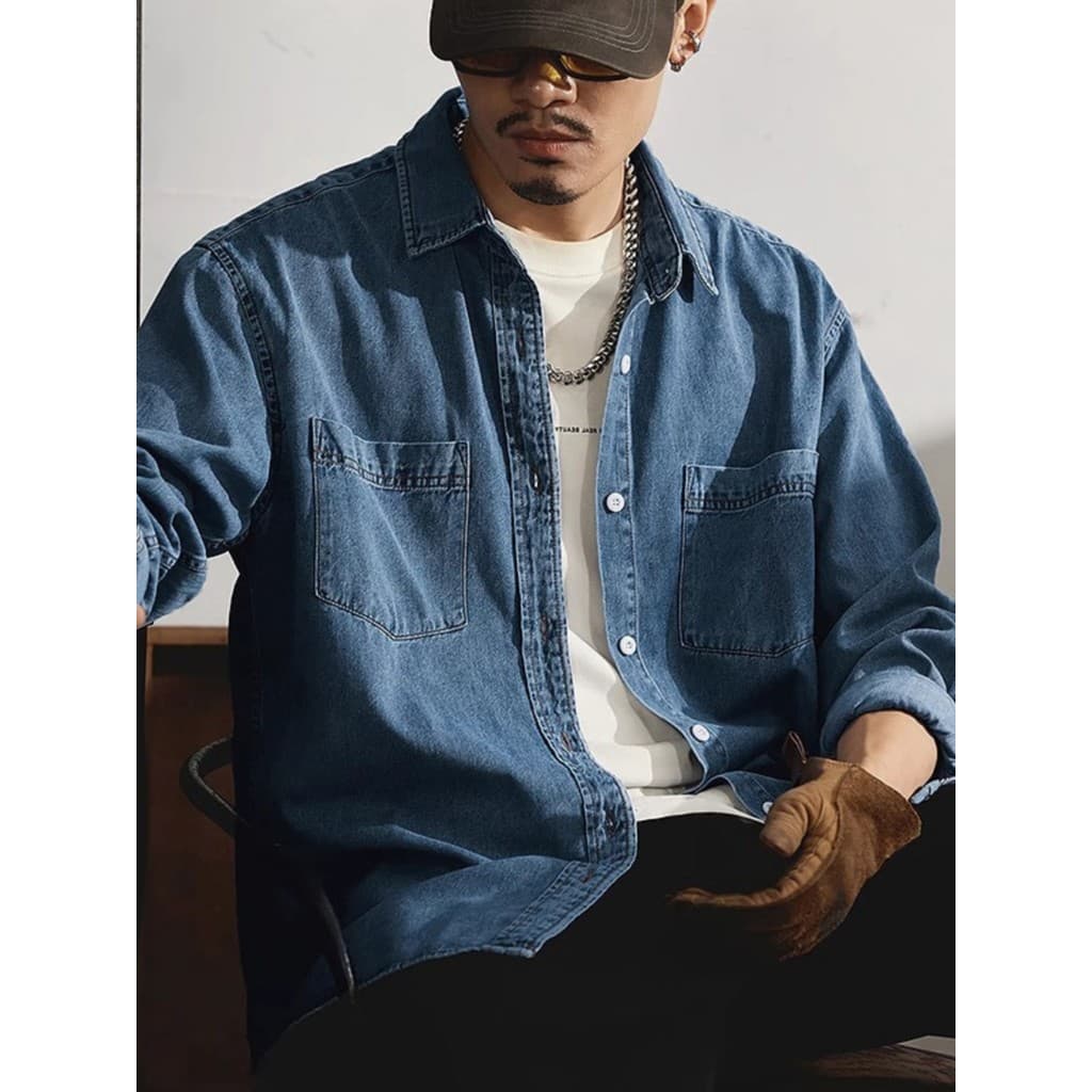 Camisa jeans masculina Retro azul escuro Casual camisa de manga comprida masculina início do outono ao ar livre lavado m