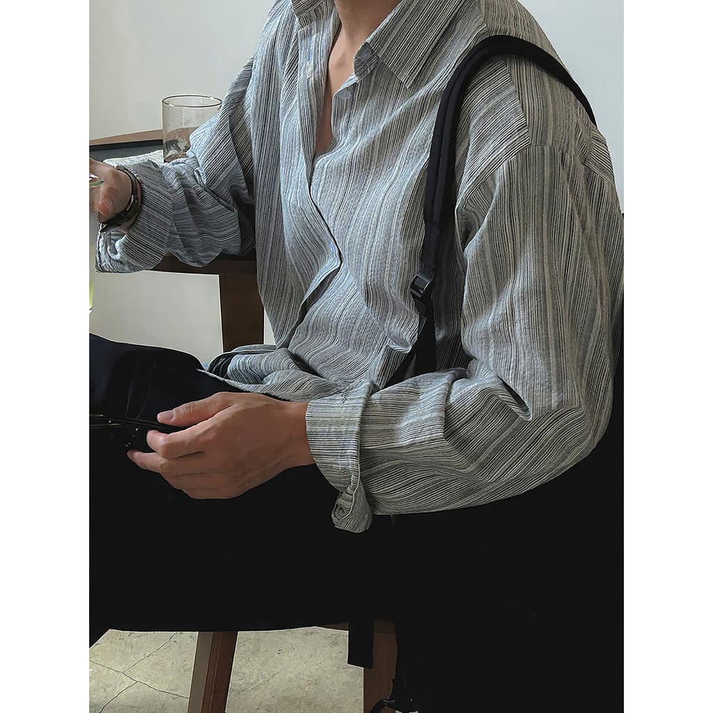 Estilo americano estilo dinheiro antigo azul listrado camisa de manga comprida masculina primavera Drape camisa não-ferr