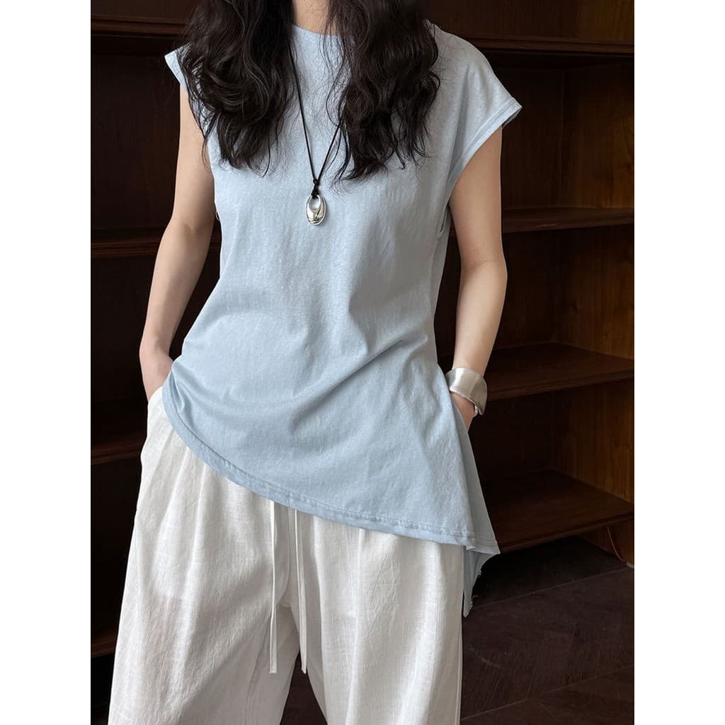 Lago azul manga voadora Irregular atada manga curta camiseta feminina frito rua chique linda camisa pequena ins coreano