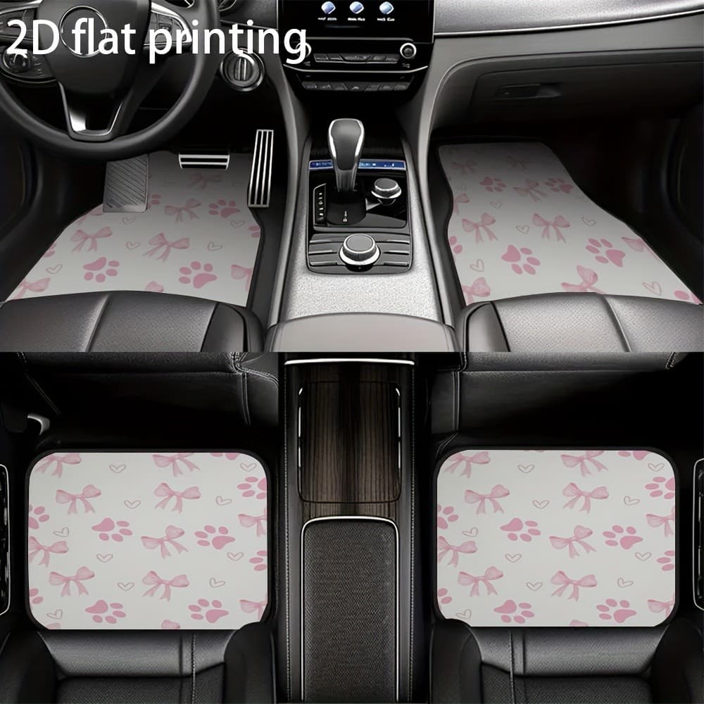 JIT, 4 peças de tapetes para pés de carro, laços rosa e estampas de patas, padrões de coração, tapetes universais de car