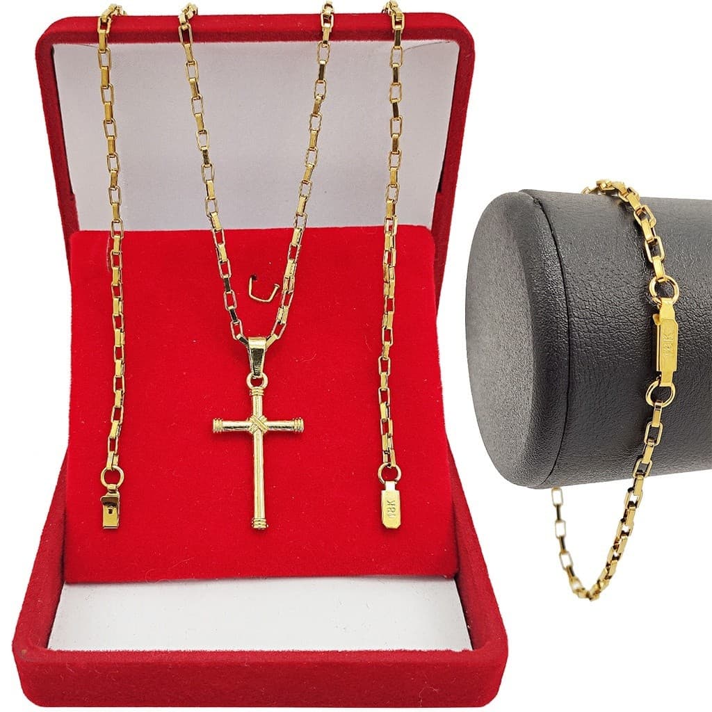 Corrente Masculina Cordão 60cm Tijolinho Com Pingente Crucifixo e Pulseira Tijolinho