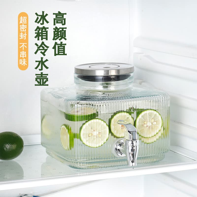 Balde de água fria para geladeira doméstica com torneira Balde de vidro para bebidas frias Balde de suco Balde de bebida