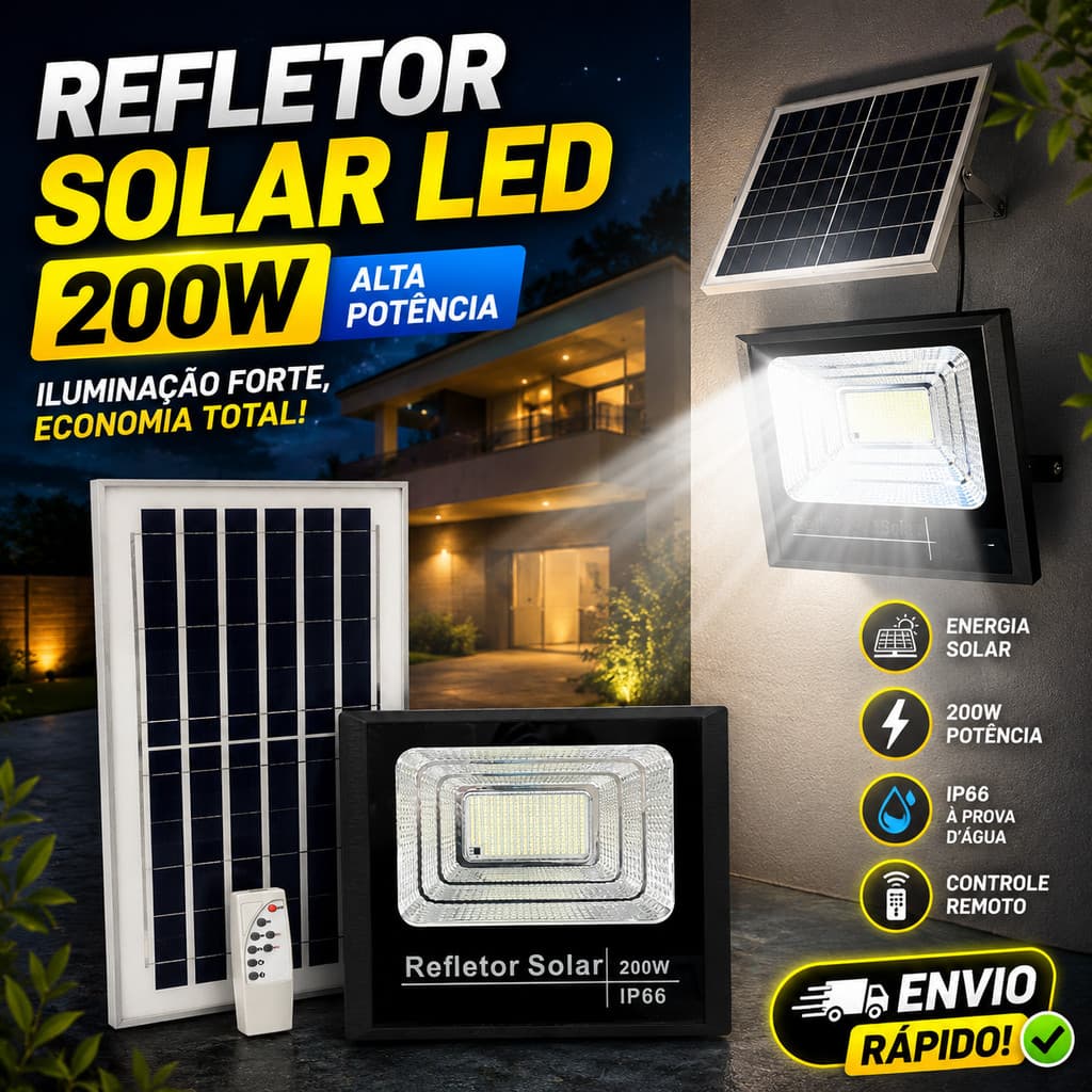 Refletor Solar 200W LED Com Controle Remoto E Placa Solar À Prova D'água IP65 Paylow