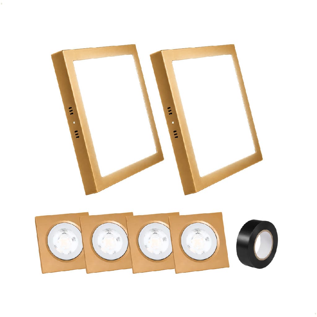 Kit 2 Luminárias Douradas 18w Quadradas de Sobrepor + 4 Spots 5w + Fita Isolante