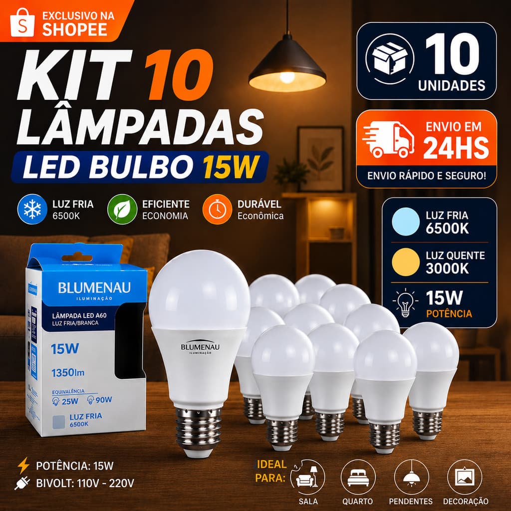 10 Lâmpadas Bivolt Led 15W Iluminação Bulbo A60 Pera Branco Frio 6500K Branco Quente 3000K Luz Amarela E27 Bolinha globo